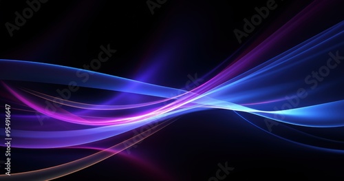 A vibrant abstract background featuring flowing waves of purple and blue light on a dark backdrop.