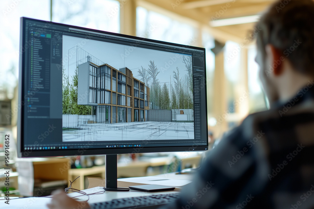 A designer creates innovative architectural plans with modern technology in a vibrant studio space A designer creates innovative architectural plans with modern technology in a vibrant studio space