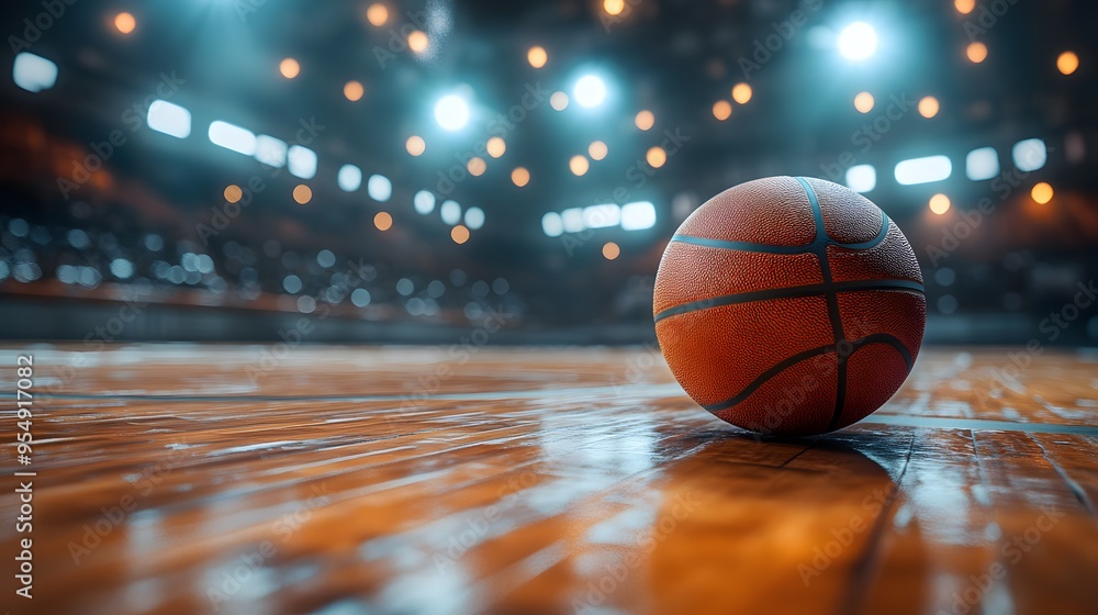 Basketball on Hardwood Court with Lights Basketball on Hardwood Court with Lights