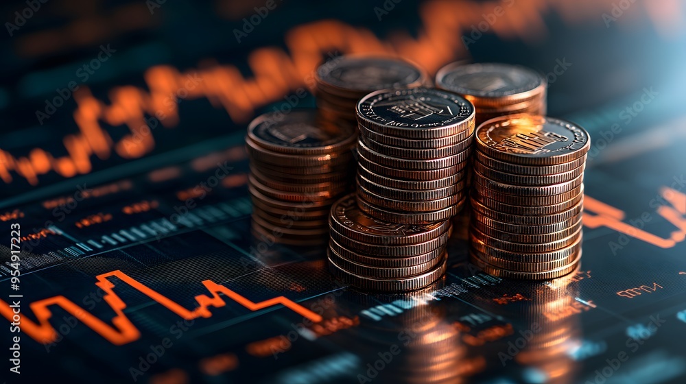 Stacks of Gold Coins on Stock Market Graph Stacks of Gold Coins on Stock Market Graph