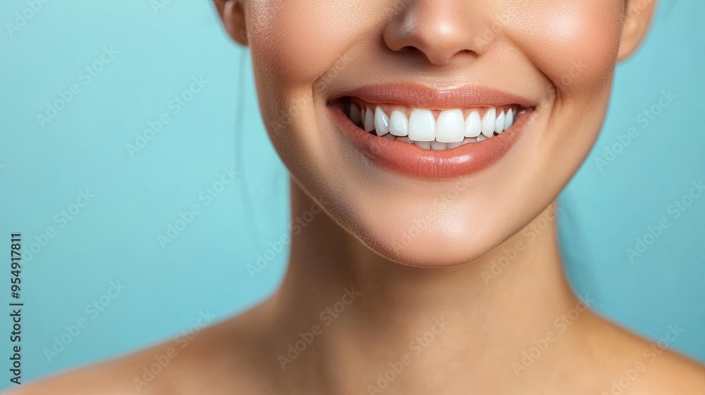 Obraz premium A close-up of a woman's radiant smile with perfectly white teeth, set against a smooth light blue background, symbolizing health and confidence.