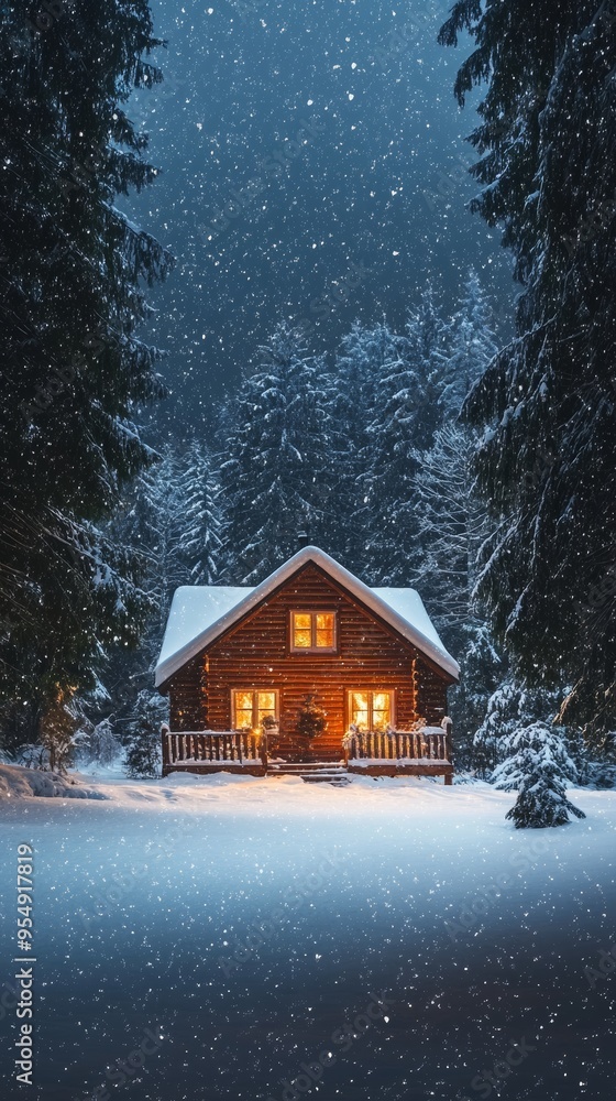 A cozy cabin in the woods during a snowfall