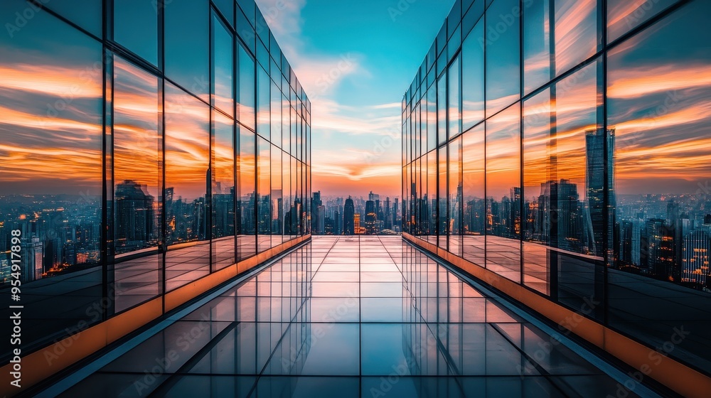 Aerial View of a Modern City Skyline at Sunset Aerial View of a Modern City Skyline at Sunset