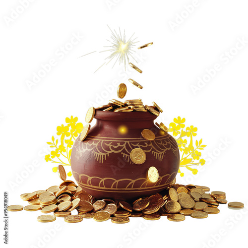 Pot with gold coins, isolated background for Dhanteras and Akshaya Tritiya photo