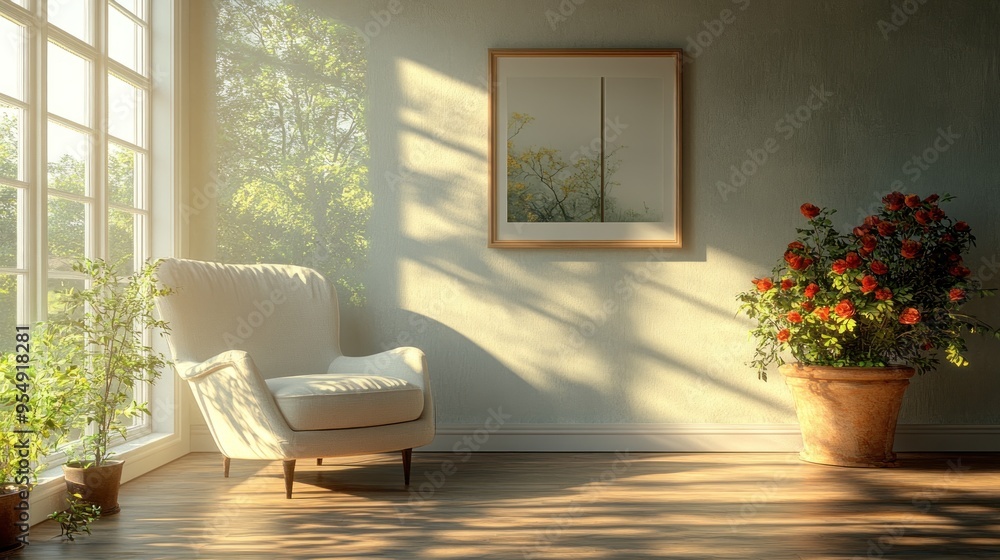 Fototapeta premium Cozy interior with a chair, artwork, and potted flowers.