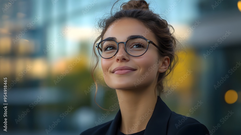 Smiling Woman in Glasses Looking Up at the Sky Smiling Woman in Glasses Looking Up at the Sky