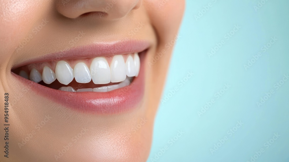 A close-up shot of a woman's bright smile, featuring perfectly aligned white teeth, with a light blue background enhancing the image's clarity. A close-up shot of a woman's bright smile, featuring perfectly aligned white teeth, with a light blue background enhancing the image's clarity.