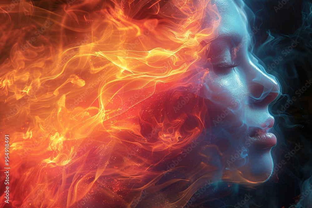 Obraz premium a woman's face with a fire in her hair. 