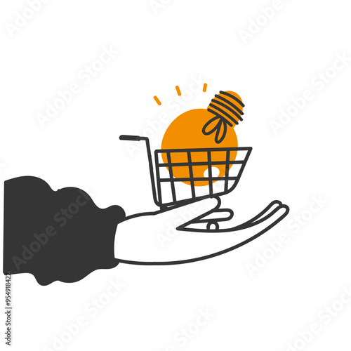 person holding light bulb in the shopping cart illustration in doodle style