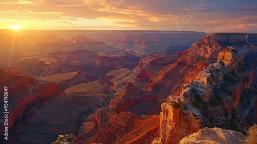 Take in the breathtaking sight of a canyon at sunset, where the light casts deep shadows and the colors of the rocks are illuminated in a warm glow.