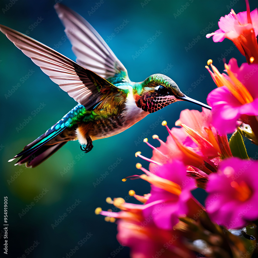 Obraz premium A bird perches a flower with its beak ai generated