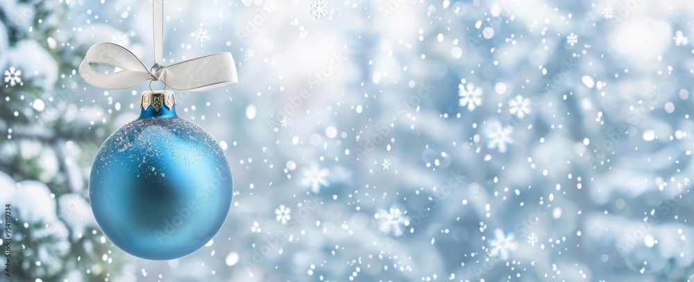 Blue Christmas background with silver decorations and white snowflakes bokeh backdrop.ornaments include large round balls delicate patterns stars suspended from ribbons snow. Blue Christmas background with silver decorations and white snowflakes bokeh backdrop.ornaments include large round balls delicate patterns stars suspended from ribbons snow.
