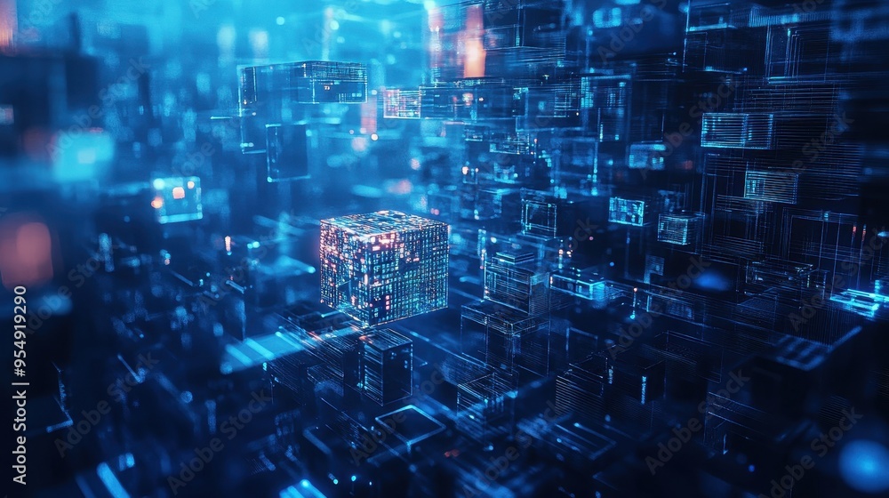Abstract Futuristic Digital Network with Glowing Cubes and Lines - Technology Background