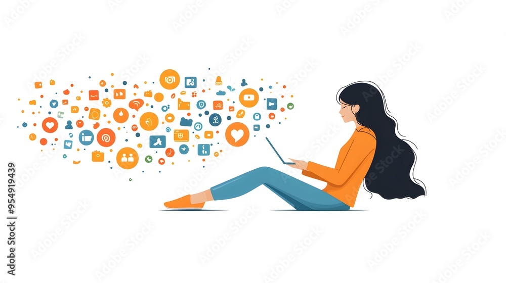 Woman Using Laptop with Social Media Icons Surrounding Her Woman Using Laptop with Social Media Icons Surrounding Her