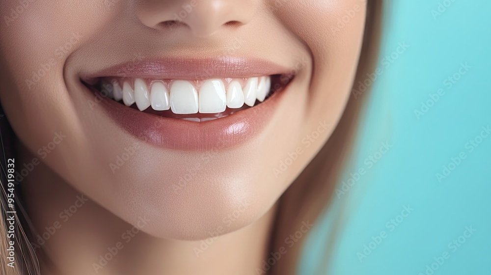 Fototapeta premium A detailed close-up of a woman's radiant smile, featuring perfectly aligned white teeth, with a soft light blue background.