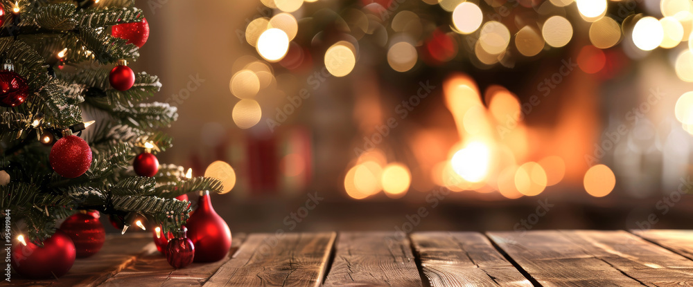Christmas tree with red decorations and ornaments and bokeh lights sits on a wooden table in a dimly lit room with a fireplace in the background. Christmas tree with red decorations and ornaments and bokeh lights sits on a wooden table in a dimly lit room with a fireplace in the background.