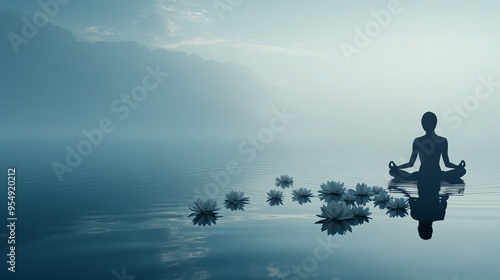 Person Meditating in Lotus Position on Calm Water Surface 