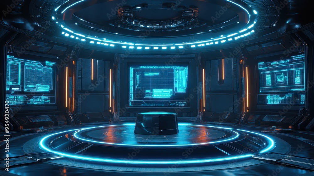 Futuristic Sci-Fi Room with Glowing Blue Lights and Monitors. Futuristic Sci-Fi Room with Glowing Blue Lights and Monitors.
