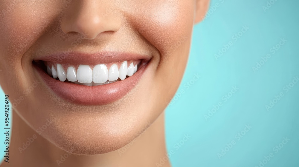 Obraz premium A detailed image of a woman's radiant smile with perfectly aligned white teeth, set against a soft light blue background.