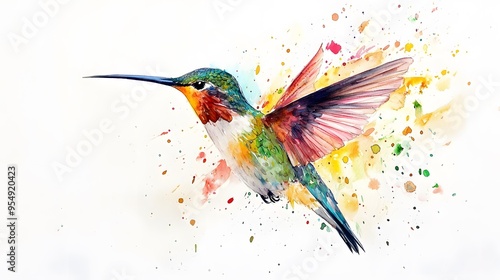 Watercolor Hummingbird with Colorful Splashes.