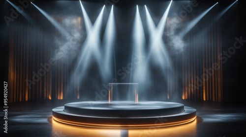 Empty Illuminated Stage with Glass Box and Spotlights for Product Display.