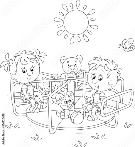 Funny little girl and boy with their cheerful puppy playing and swinging on a toy swing on a summer playground in a park on a sunny day, black and white vector cartoon illustration for a coloring book