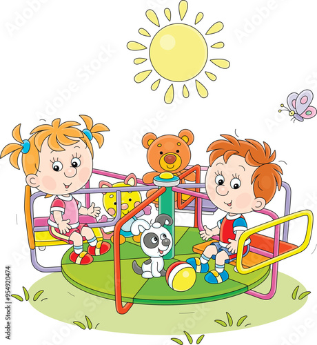 Funny little girl and boy with their cheerful puppy playing and swinging on a colorful toy swing on a summer playground in a park on a warm sunny day, vector cartoon illustration on a white background