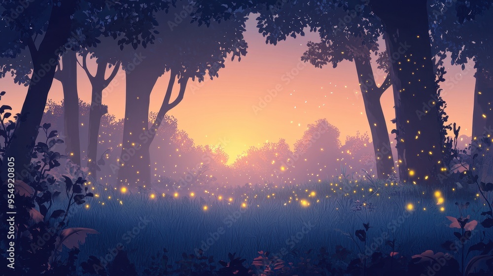 Fototapeta premium Magical Summer Night Forest with Fireflies and Silhouetted Trees.