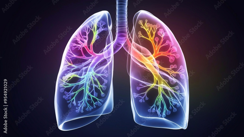 Digital representation of human lungs illuminated in vibrant colors, showcasing advanced medical technology and anatomy. Digital representation of human lungs illuminated in vibrant colors, showcasing advanced medical technology and anatomy.