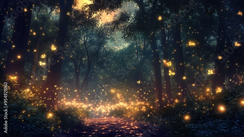 Magical Forest Path with Glowing Fireflies at Night.