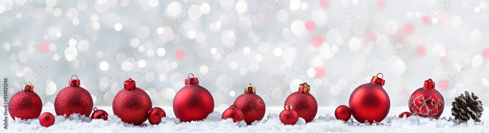 Red christmas balls with xmas present gift boxes in a row isolated on snow, Christmas banner gifts arranged in a row on a snowy background, with space for text or product display Red christmas balls with xmas present gift boxes in a row isolated on snow, Christmas banner gifts arranged in a row on a snowy background, with space for text or product display
