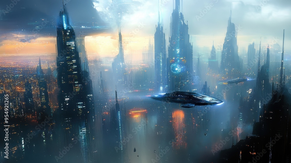Obraz premium Futuristic Metropolis at Dusk with Hovering Spacecraft