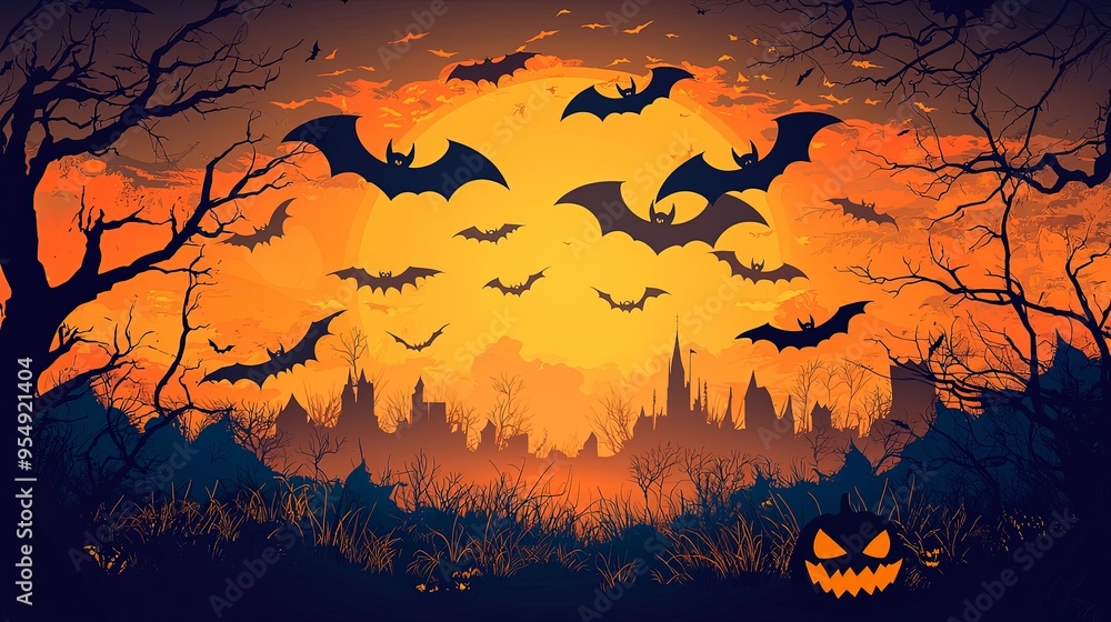 Silhouetted bats flying in front of a large yellow moon, with a dark forest and eerie castle in the background, creating a spooky and ominous Halloween scene. Silhouetted bats flying in front of a large yellow moon, with a dark forest and eerie castle in the background, creating a spooky and ominous Halloween scene.