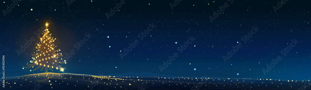 Christmas night sky with gold stars, golden Christmas tree made from glowing lights on an isolated festive dark blue background. The starry backdrop adds depth and magic to this festive scene. Christmas night sky with gold stars, golden Christmas tree made from glowing lights on an isolated festive dark blue background. The starry backdrop adds depth and magic to this festive scene.