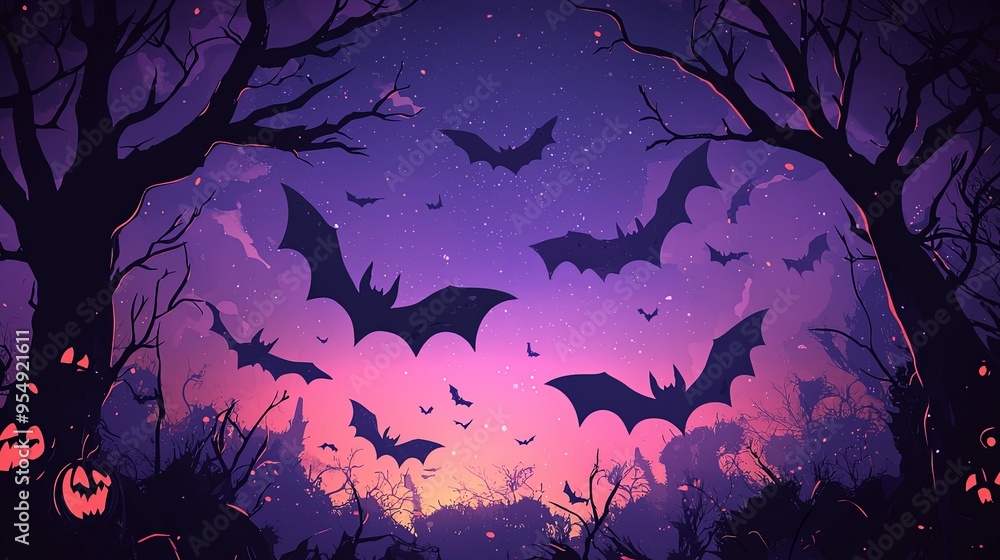 An enchanting scene of bats silhouetted against a mystical purple twilight, with elements of Halloween and jack-o'-lanterns enhancing the atmospheric depth. An enchanting scene of bats silhouetted against a mystical purple twilight, with elements of Halloween and jack-o'-lanterns enhancing the atmospheric depth.