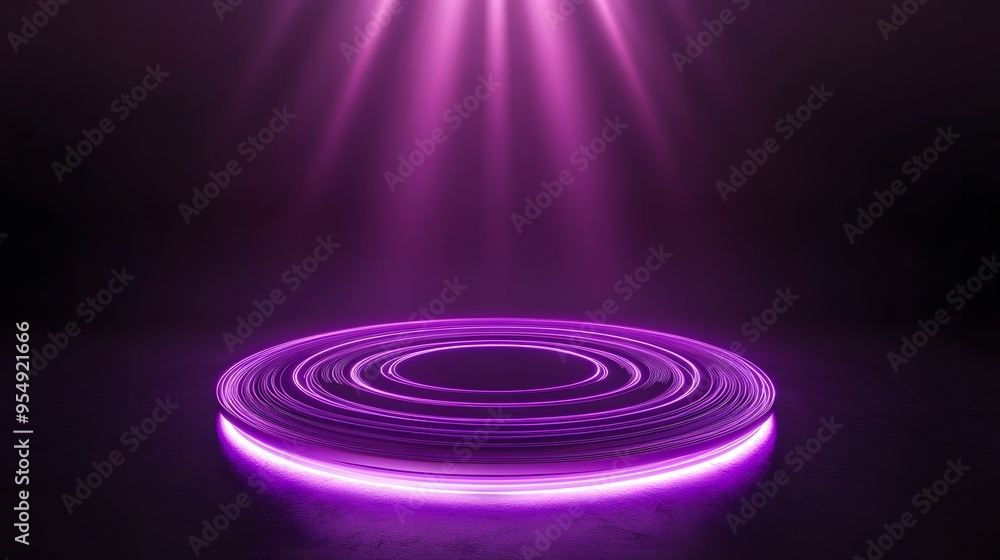 Fototapeta premium Technology purple circle light stage on black background