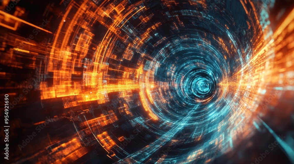 Obraz premium Abstract Futuristic Tunnel with Glowing Lines and Circles - Digital Art