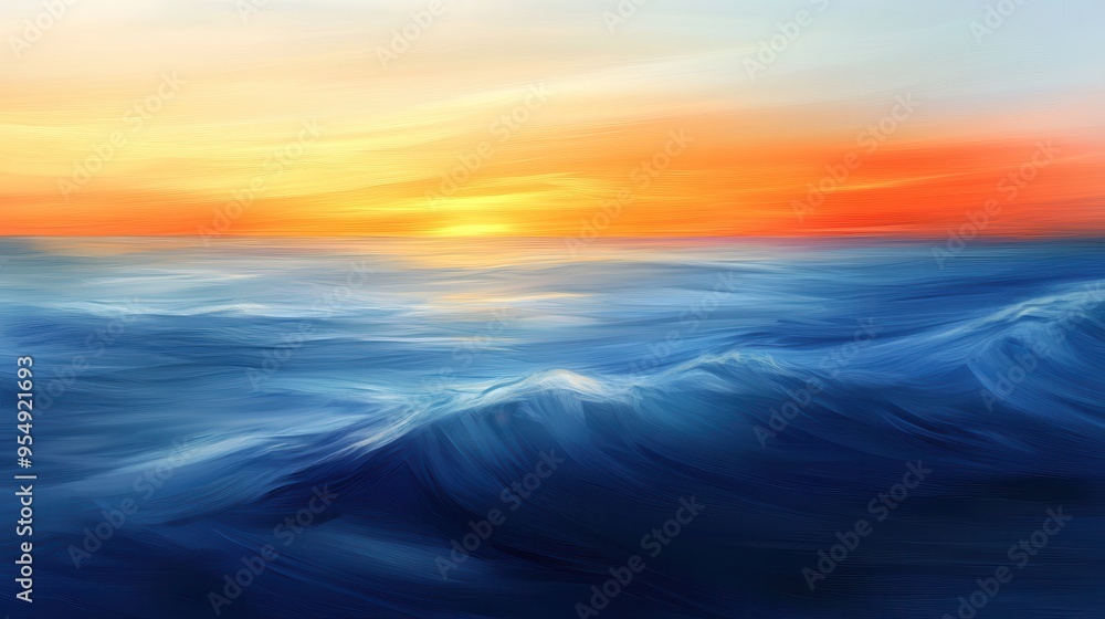 Obraz premium Abstract Ocean Sunset Painting with Blue Waves and Golden Sky