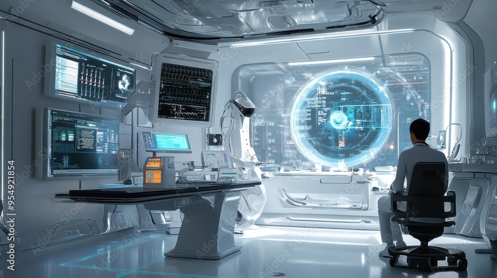 Futuristic Spacecraft Control Room with Holographic Interface Futuristic Spacecraft Control Room with Holographic Interface