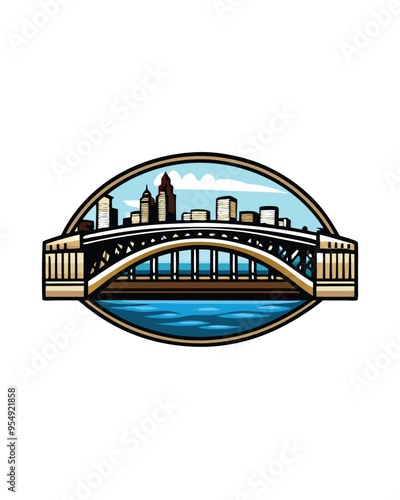 Editable stroke vector of a bridge spanning a river, featuring a cityscape with buildings and clouds.