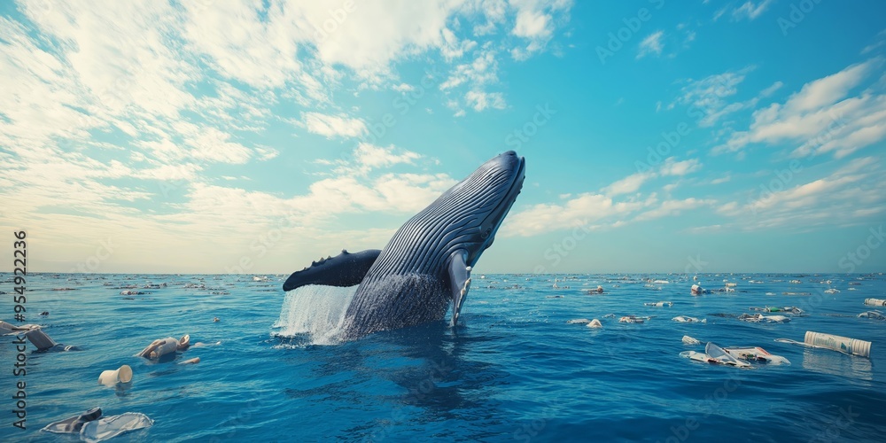 Fototapeta premium Whale leaping out of the ocean with a plastic item nearby, illustrating the threat of pollution to marine animals, clear sky background, selective focus, copy space