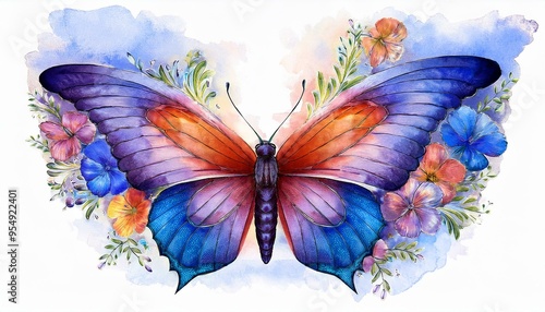 Violet butterfly on isolated white background, watercolor illustration, lilac beautiful butterfly photo