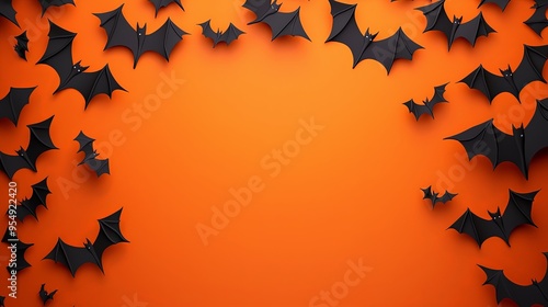 Numerous black bats are scattered across an orange background, creating a Halloween-themed visual that's simple yet striking, perfect for seasonal displays or decorations. photo