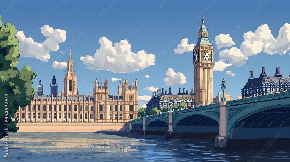 Fototapeta premium 10. **Illustrate Big Ben and the Houses of Parliament in London, with the iconic clock tower rising above the River Thames.**
