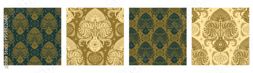 Set of 4 Seamless pattern of floral Damask motifs. Classic abstract botanical wallpapers bundle.