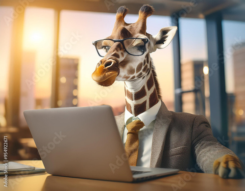 A giraffe in a suit and glasses, working on his laptop in the office. photo