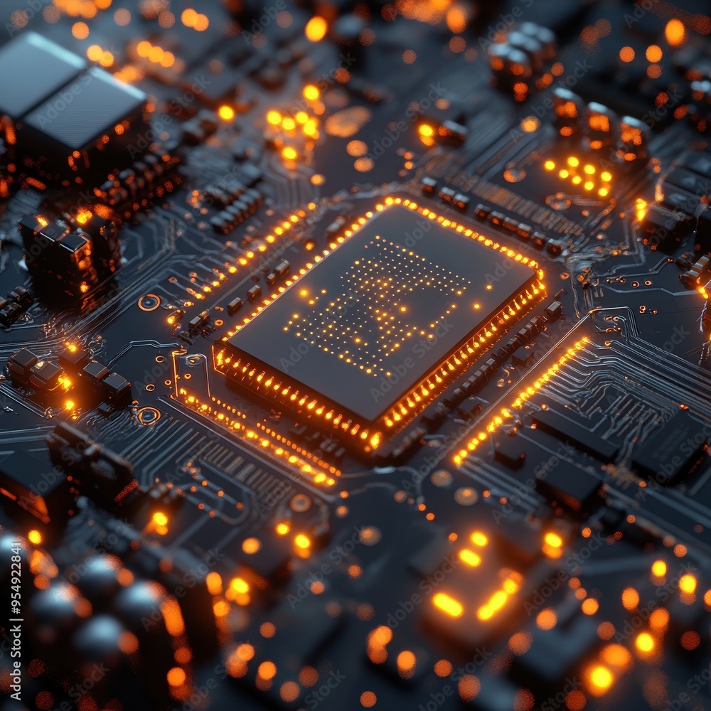 Obraz premium Illuminated Microchip Close-Up - Computer Circuit Board with Glowing Lights - Technology Background