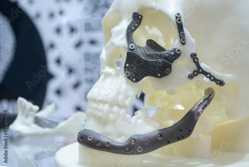Fotografie Prototype of human skull from white plastic with titanium implants in form of plates and surgical templates printed on 3D printer