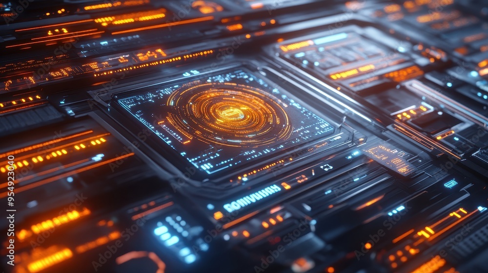 Futuristic Interface with Glowing Orange and Blue Lights 3D Render. Futuristic Interface with Glowing Orange and Blue Lights 3D Render.