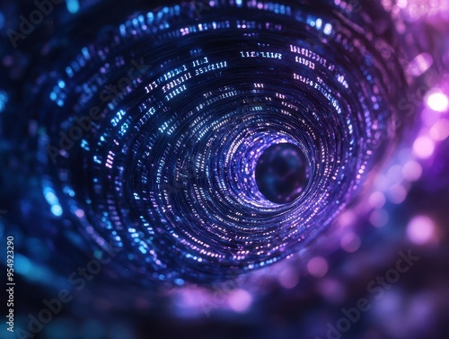 Abstract Digital Tunnel with Glowing Purple and Blue Lights - Futuristic Technology Background